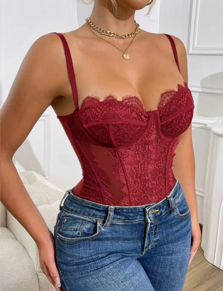 Women’s Burgundy Lace Bustier Bodysuit – Floral Lace Corset Style Camisole Top